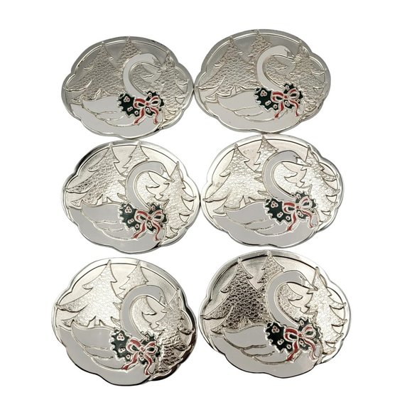 Swan Silver Plated Enamel Coasters 1987 Wm A Rogers Set of 6 Oneida Holliday - Picture 1 of 10